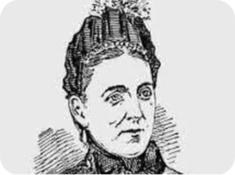 Line drawing portrait of a Victorian-era woman with an ornate updo and high collar.